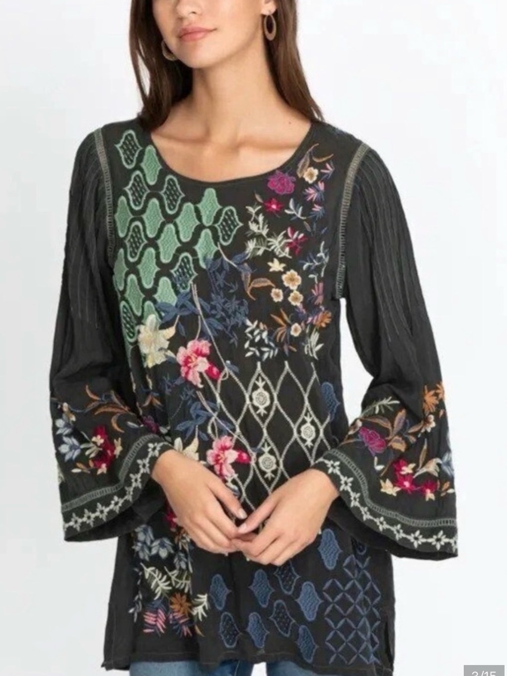 Johnny Was Esmerelda Black Floral Embroidered Bell-Sleeve Tunic